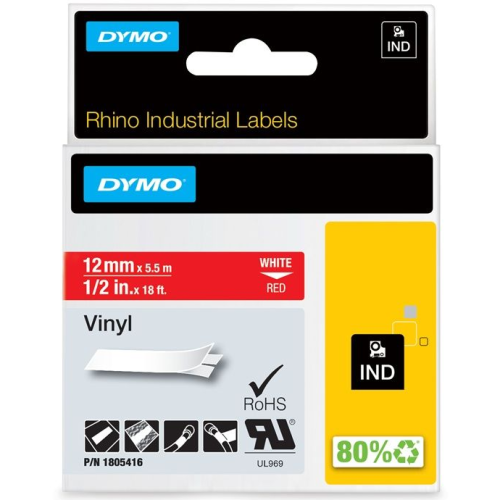 RHINO TAPE IND VINYL/12MM X 5.5M WHITE ON RED