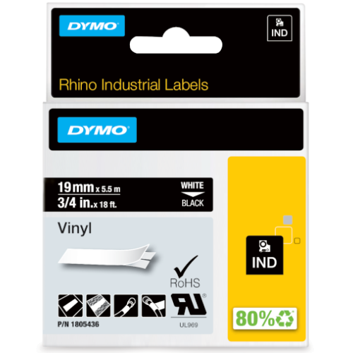 RHINO BAND IND VINYL 19MMX5.5M/WHITE ON BLACK
