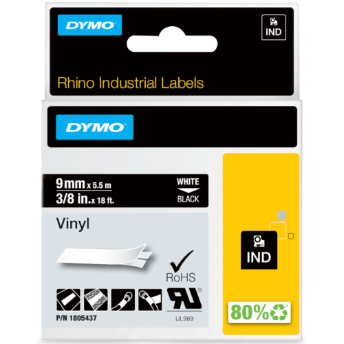 RHINO 9MM WHITE ON BLACK VINYL/