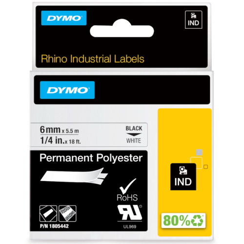 RHINO POLYESTER LABEL 6MM X5.5M/BLACK ON WHITE IN