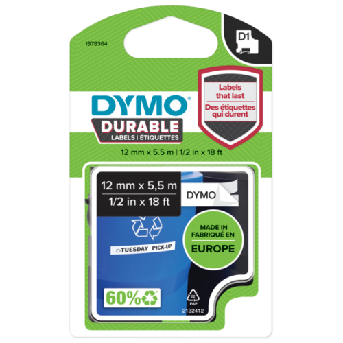 D1 VINYLBAND PERMANENT/12MM X 5.5MM BLACK ON WHITE