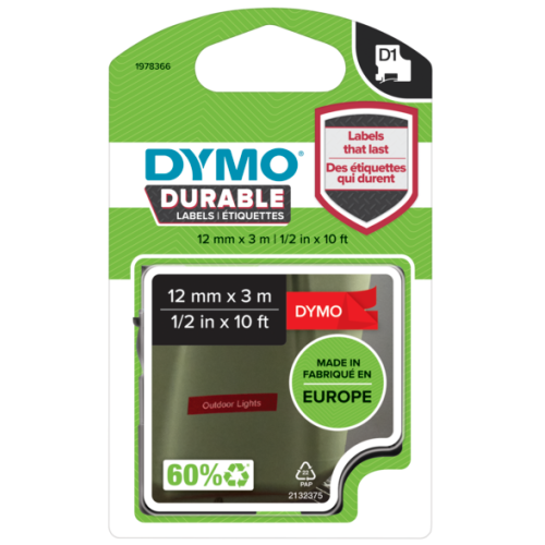 D1 DURABLE 12MM X 3M WHITE ON/RED