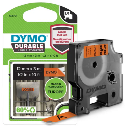 D1 DURABLE 12MM X 3M BLACK ON/ORANGE