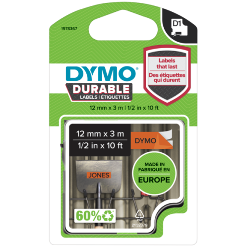 D1 DURABLE 12MM X 3M BLACK ON/ORANGE