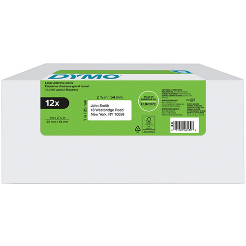 DYMO ADDRESS LABEL 25 X 54MM/500 LABEL ROLL 12 PACK