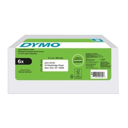 DYMO ADDRESS LABEL 25 X 54MM/500 LABEL ROLL 6 PACK