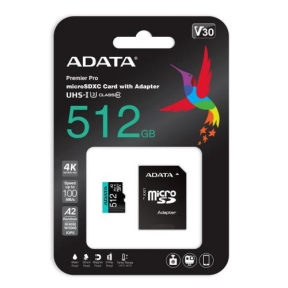 Memory Card microSDXC A-data Premier Pro 512GB, Class 10, UHS-I U3, V30, A2 + Adaptor SD