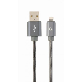 Cablu de date Gembird Premium spiral metal, USB 2.0 - Lightning, 1m, Metallic-Grey