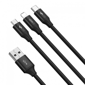 Cablu de date Baseus Rapid One-for-three, USB-A male - USB-C + Lightning + micro USB, 1.2m, Black