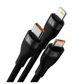 Cablu de date Baseus Flash, USB-A male - USB-C + micro USB + Lightning male, 1.2 m, Black