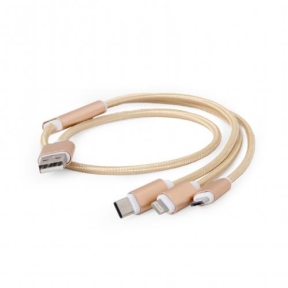 Cablu de date Gembird combo 3-in-1, USB - Micro USB + Lightning + USB-C, 1m, Gold