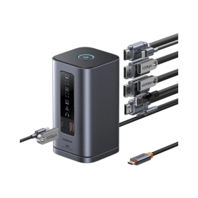 Docking station Baseus Spacemate Series 11-in-1, USB-C la 2x HDMI 4K@60Hz, 2x DP 4K@60Hz, 2x USB-A, 1x USB-C, 1x RJ45, 1x USB-A (480Mbps), 1xUSB-C (PD), 1x 3.5mm Audio, Gri