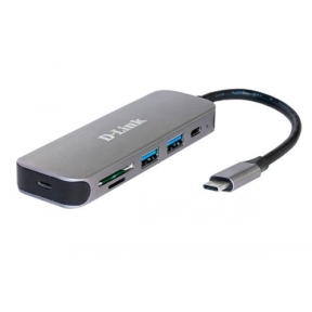 HUB extern D-LINK, porturi 2 x  SuperSpeed USB 3.0, 1 x USB-C (Thunderbolt 3) port with data sync, Dual-Slot SD/microSD/SDHC/SDXC Card Reader, conectare prin USB Type C, cablu 10 cm, metalic, argintiu 