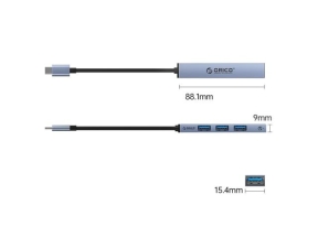 HUB USB Orico AHC1-4A-GY, 3x USB 3.0 female + 1x USB 2.0, 0.15m, Grey