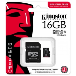 Memory Card microSDHC Kingston Industrial 16GB, Class 10, UHS-I U3, V30, A1 + Adaptor SD