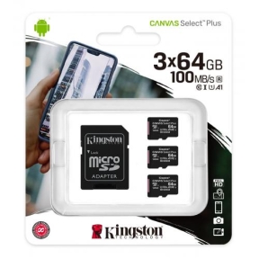 Memory Card microSDXC Kingston Canvas Select Plus 64GB, Class 10, UHS-I U1, V10, A1, 3Pack + Adaptor SD