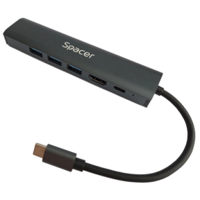 DOCKING Station Spacer universal 6 in 1, conectare Type-C, USB 3.0 x 3 ;PD 3.0 x 1 (100W), porturi video HDTV x 1, 4K (30Hz), gri, Aluminiu, "SPDS-TypeC-HUPG-6in1-04" (timbru verde 0.18 lei)