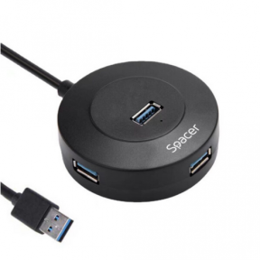 HUB extern SPACER, porturi USB:USB 3.0 X 1, USB 2.0 x 3, conectare prin USB 3.0, cablu 1m,Plastic ABS, Negru,  (include TV 0.8lei), 