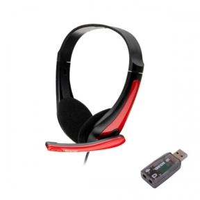 CASTI Spacer, cu fir, standard, utilizare multimedia, microfon pe fir, pliabile, banda ajustabila, conectare prin adaptor USB 2.0 sau Jack 3.5 mm x 2, rosu&negru, 