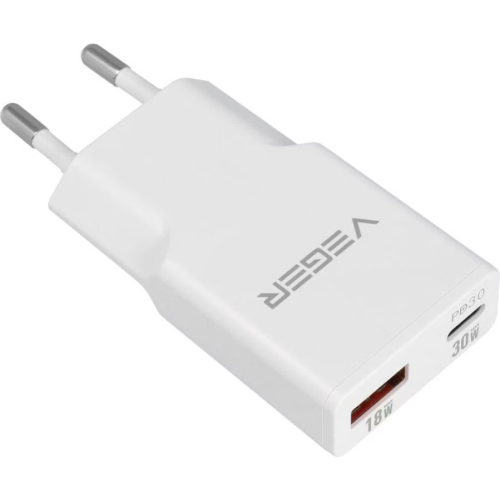 Incarcator retea Veger 30W1A1C, 1 x USB-A, 1 x USB-C, 30 W, White