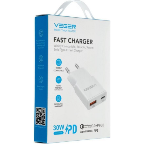 Incarcator retea Veger 30W1A1C, 1 x USB-A, 1 x USB-C, 30 W, White