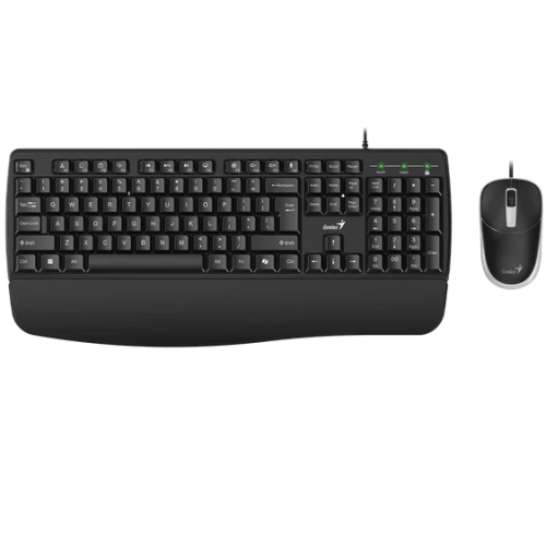 KIT wired GENIUS USB, tastatura 104 taste (concave) + mouse optic 1200dpi, 3 butoane, palm rest, cablu 1.5m, black, 