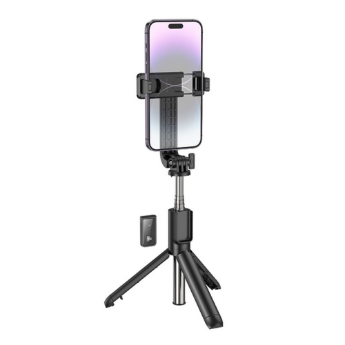 SUPORT Telefon Borofone cu selfie stick, dimensiuni strans 46x32x185mm extins maxim 700mm, baterie 70mAh, negru 