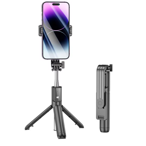 SUPORT Telefon Borofone cu selfie stick, dimensiuni strans 46x32x185mm extins maxim 700mm, baterie 70mAh, negru 