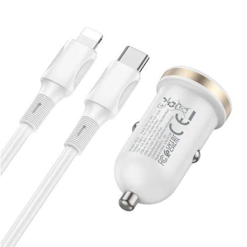 Incarcator auto Borofone BZ22, 1 x USB-A, 1 x USB-C, 1 m, 18 W, White