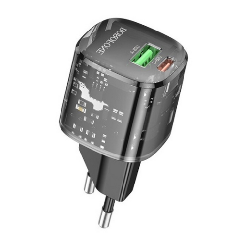 Incarcator retea Borofone BN17, 1 x USB-C, 1 x USB-A, Quick Charge 20 W, Clear