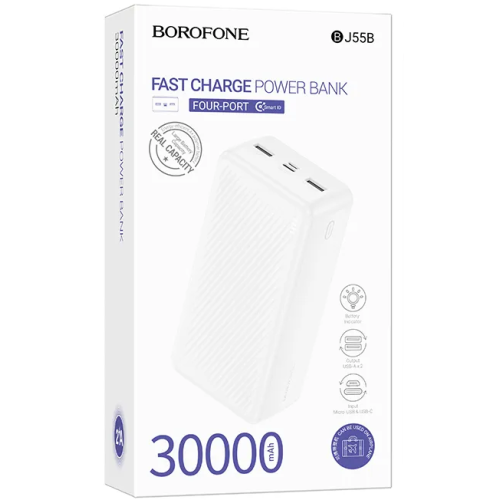 Baterie portabila Borofone BJ55B, 30000 mAh, 2 x USB-A, 1 x USB-C, 1 x microUSB, White