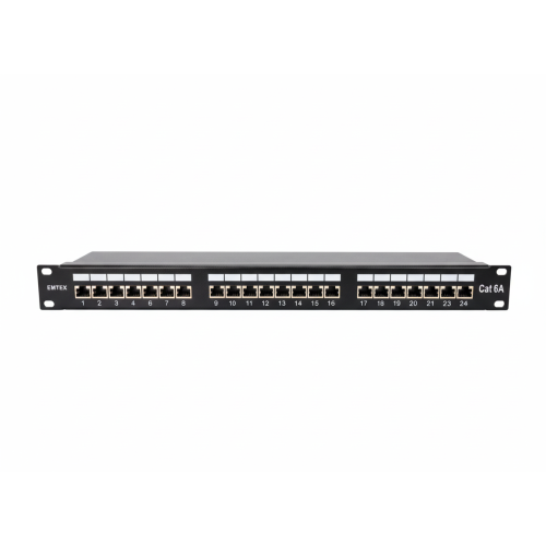 Patch Panel 24 Porturi FTP Cat 6A, 1U, 10 Gigabit (500 MHz), Ecranat, Suport Cabluri, - Emtex EMT-PP24FTP6A