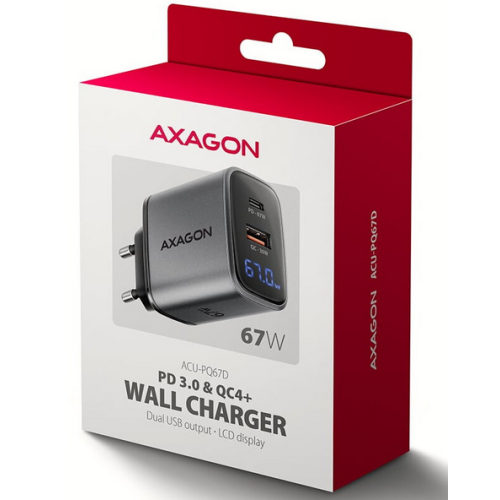 ACU-PQ67D, GaN, 67W, USB-C,USB-A, cu Display LCD, Gri