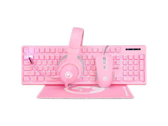 Kit Marvo CM418 Advanced Gaming 4 in 1, Tastatura, White LED, USB, Pink + Mouse Optic, White LED, USB, Pink + Casti, Pink + Mouse Pad, Pink
