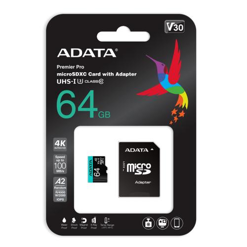 Memory Card microSDXC A-data Premier Pro 64GB, Class 10, UHS-I U3, V30, A2 + Adaptor SD
