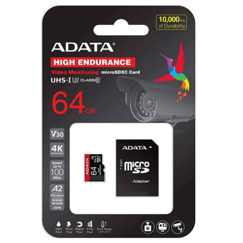 Memory Card microSDXC A-data High Endurance 64GB, Class 10, UHS-I U3, V30, A2 + Adaptor SD