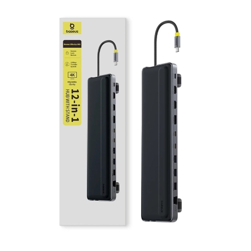 DOCKING Station Baseus EliteJoy EH3 Series 12-in-1, conectare PC USB-C,Type-C to 2xHDMI 4K@60Hz,1xDP4K@60Hz,2xUSB-C(10Gbps),2xUSB-A(5Gbps),1xUSB-A(480Mbps),SD/TF(3.0),RJ45(Gigabit),USB-C(PD), gri 