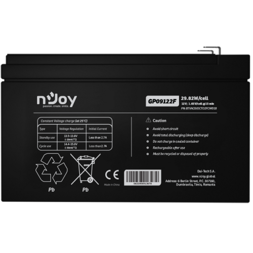 nJoy |BTVACIUOCTO2FCW01B | GP09122F | Baterie UPS  | 12 V | 9 A | Borne  F2 | 29,82 W | 151 x 65 x 100 mm 