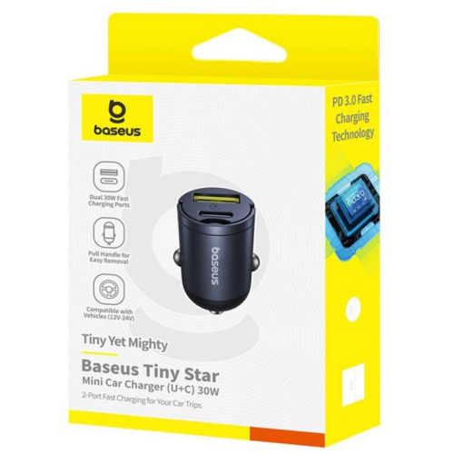 Incarcator auto Baseus Tiny Star, Quick Charge 30W, 1x USB Type-C, 1x USB, negru 