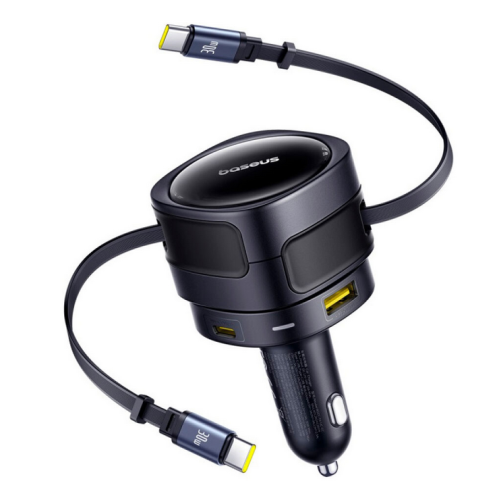 INCARCATOR auto Baseus Enjoyment Max, Quick Charge 90W, 1 x USB, cablu retractabil integrat 2 x USB Type-C, pt. bricheta auto, negru 
