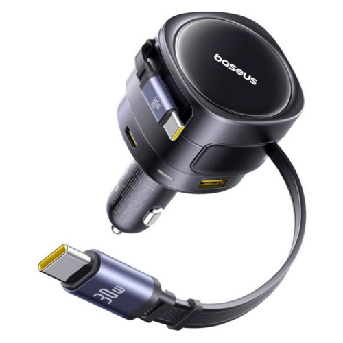 INCARCATOR auto Baseus Enjoyment Max, Quick Charge 90W, 1 x USB, cablu retractabil integrat 2 x USB Type-C, pt. bricheta auto, negru 