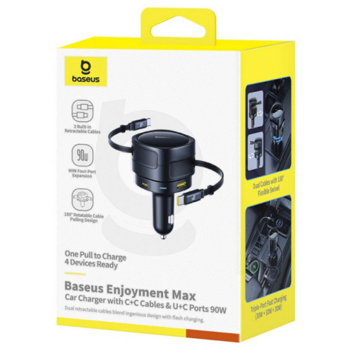 INCARCATOR auto Baseus Enjoyment Max, Quick Charge 90W, 1 x USB, cablu retractabil integrat 2 x USB Type-C, pt. bricheta auto, negru 