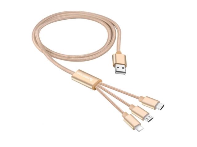 Cablu de date Biostar 3-in-1, USB - Micro USB + Lightning + USB-C, 1.2m, Gold