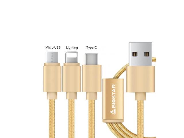 Cablu de date Biostar 3-in-1, USB - Micro USB + Lightning + USB-C, 1.2m, Gold