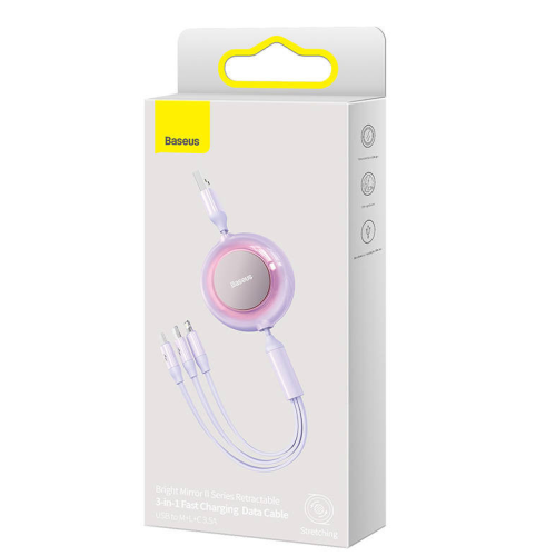 Cablu de date Baseus Bright Mirror 2 Retractabil, USB-A male - micro USB + USB-C + Lightning, 1.1 m, Purple