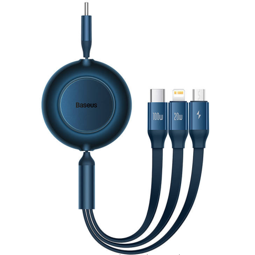 Cablu de date Baseus Bright Mirror 2, USB-C male - USB-C + Lightning + micro USB, 1.1 m, Blue