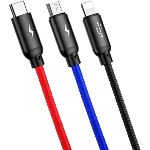 CABLU alimentare si date Baseus Three Primary Colors, pt. smartphone, USB la Micro-USB+Lightning+USB Type-C 3.5A, 1.2m, negru 