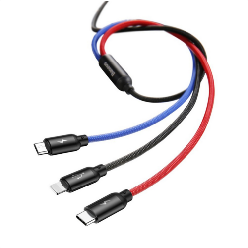 CABLU alimentare si date Baseus Three Primary Colors, pt. smartphone, USB la Micro-USB+Lightning+USB Type-C 3.5A, 1.2m, negru 
