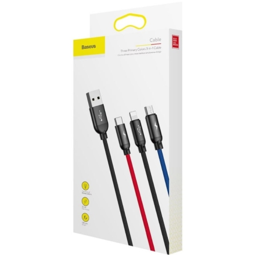 CABLU alimentare si date Baseus Three Primary Colors, pt. smartphone, USB la Micro-USB+Lightning+USB Type-C 3.5A, 1.2m, negru 
