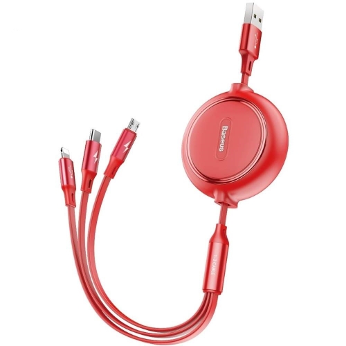 Cablu de date Baseus Golden Loop retractabil, USB-A - micro USB + Lightning + USB-C, 1.2 m, Red